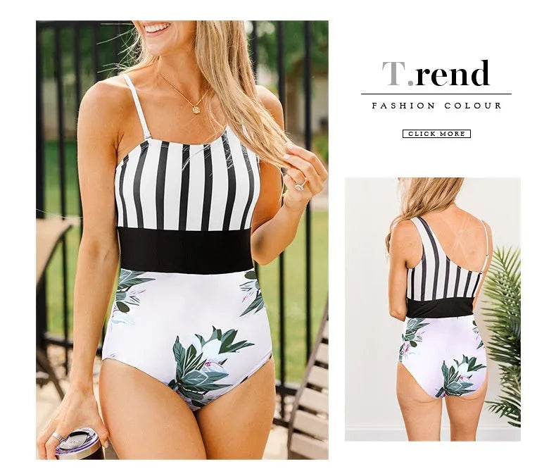 Leopard print women's one-piece swimsuit with asymmetric collar and high-waisted design
