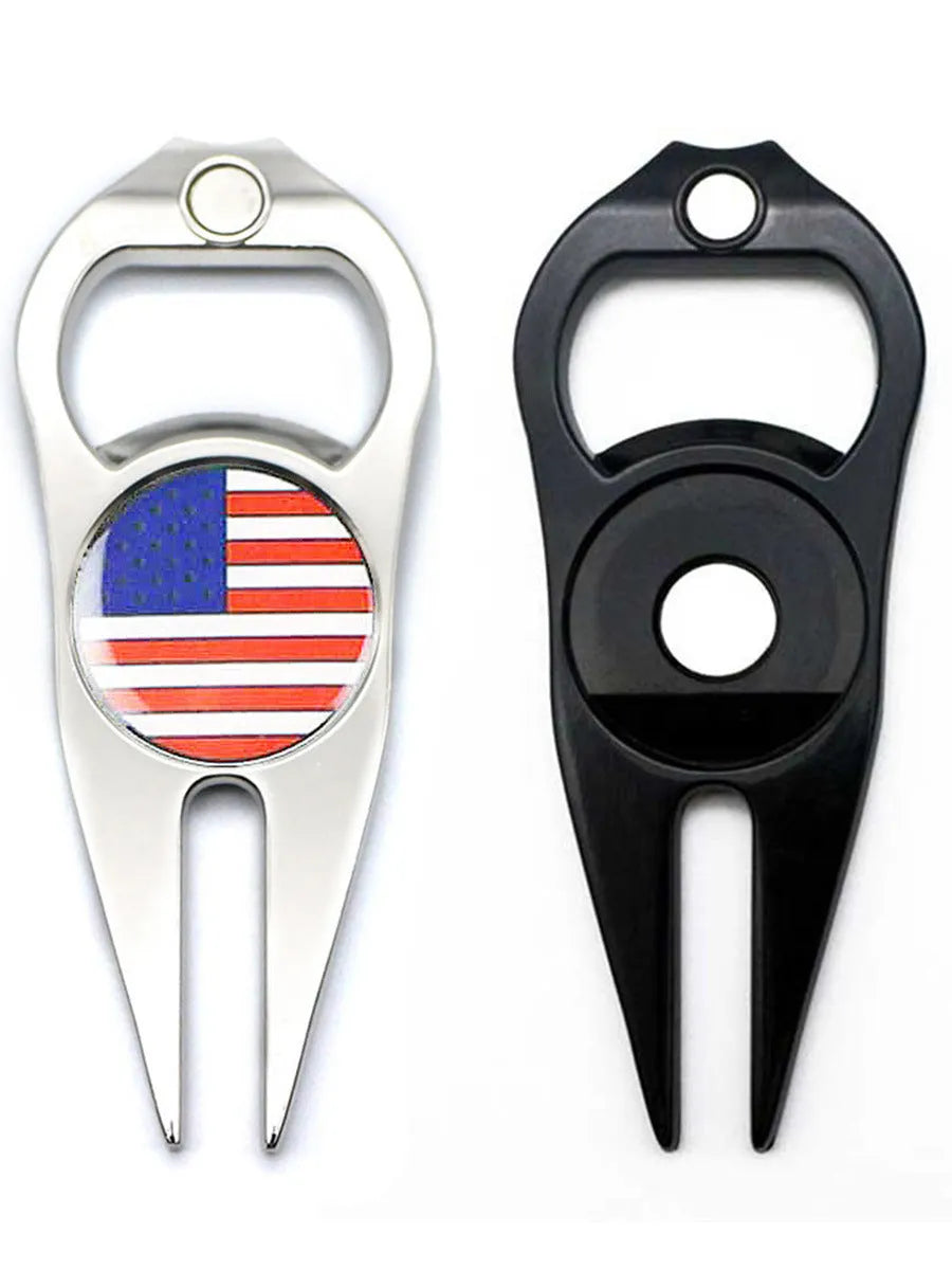 Golf ball yoke bottle opener tool in zinc alloy metal with black green silver colour options