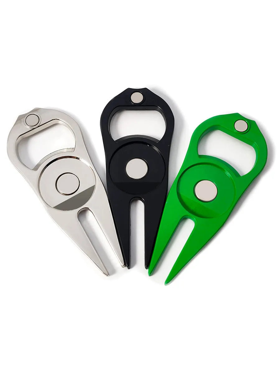Golf ball yoke bottle opener tool in zinc alloy metal with black green silver colour options