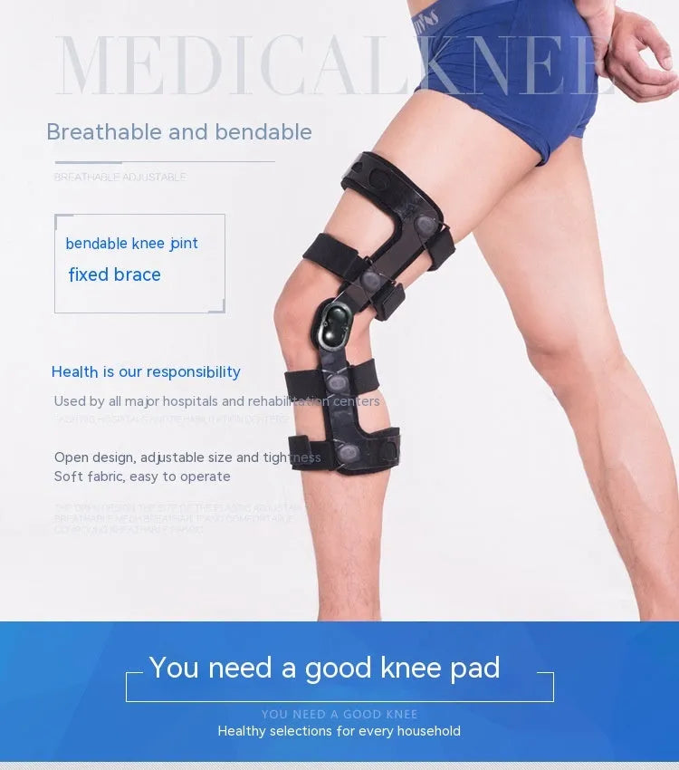 Black knee support brace with visible side splints, shown in left and right leg variants.