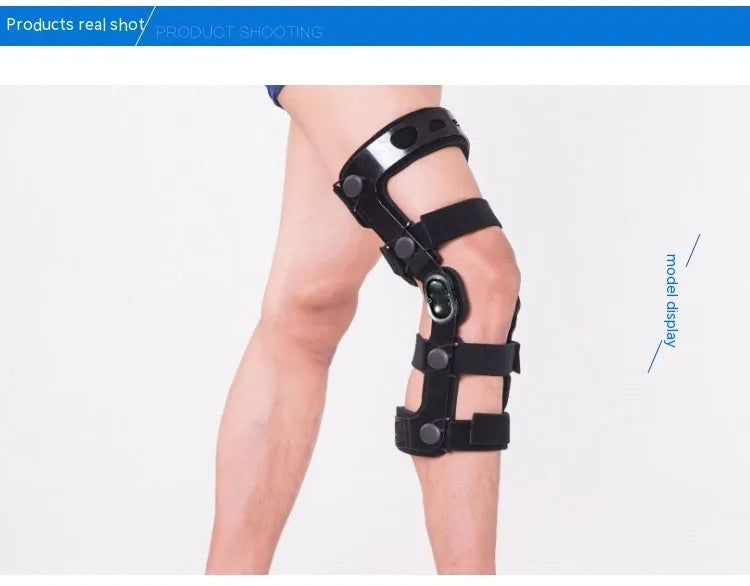 Black knee support brace with visible side splints, shown in left and right leg variants.