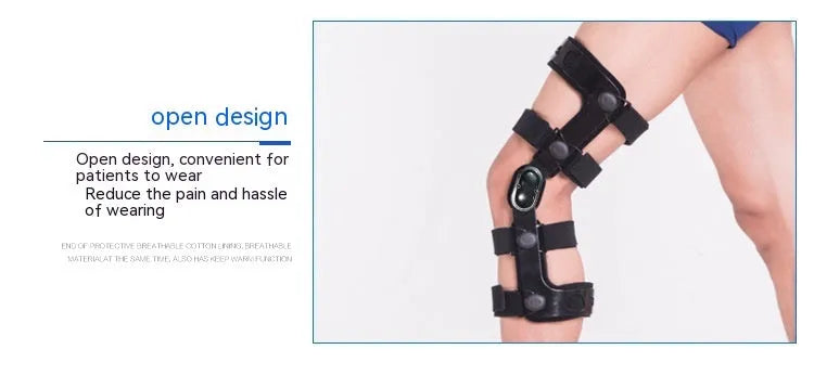 Black knee support brace with visible side splints, shown in left and right leg variants.