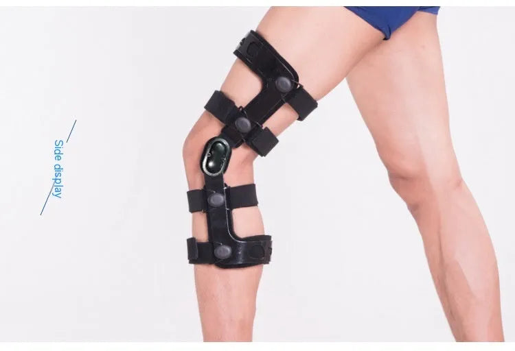 Black knee support brace with visible side splints, shown in left and right leg variants.