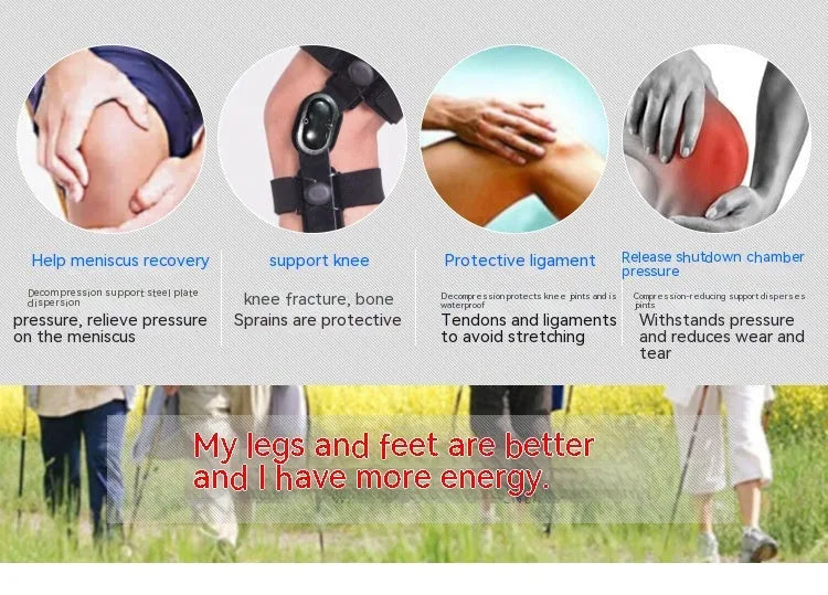 Black knee support brace with visible side splints, shown in left and right leg variants.