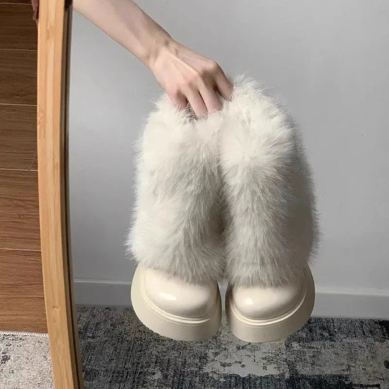 Women's artificial plush snow boots with fleece lining and waterproof platform sole in black or white