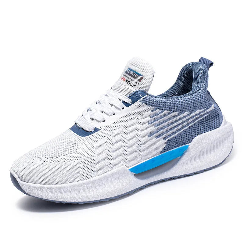 Men's blue casual mesh sports shoes with cloth upper and round toe on a plain background