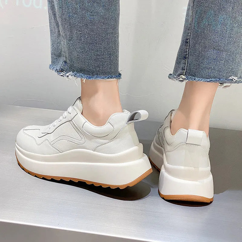 Women's white cowhide leather casual sports shoes with cross-strap and English muffin heel design