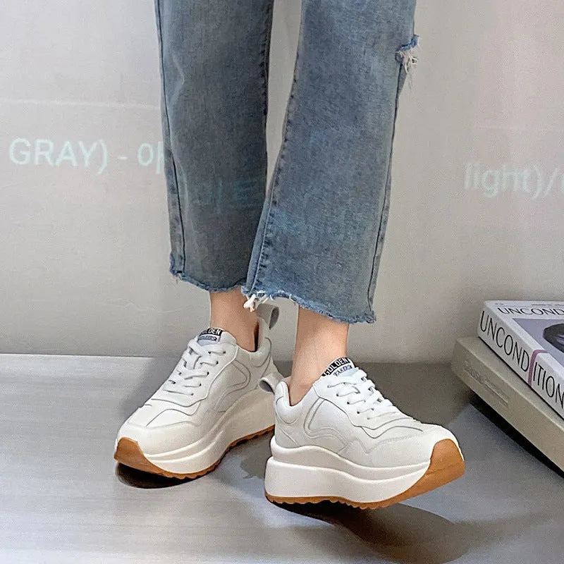 Women's white cowhide leather casual sports shoes with cross-strap and English muffin heel design