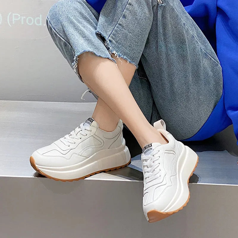 Women's white cowhide leather casual sports shoes with cross-strap and English muffin heel design