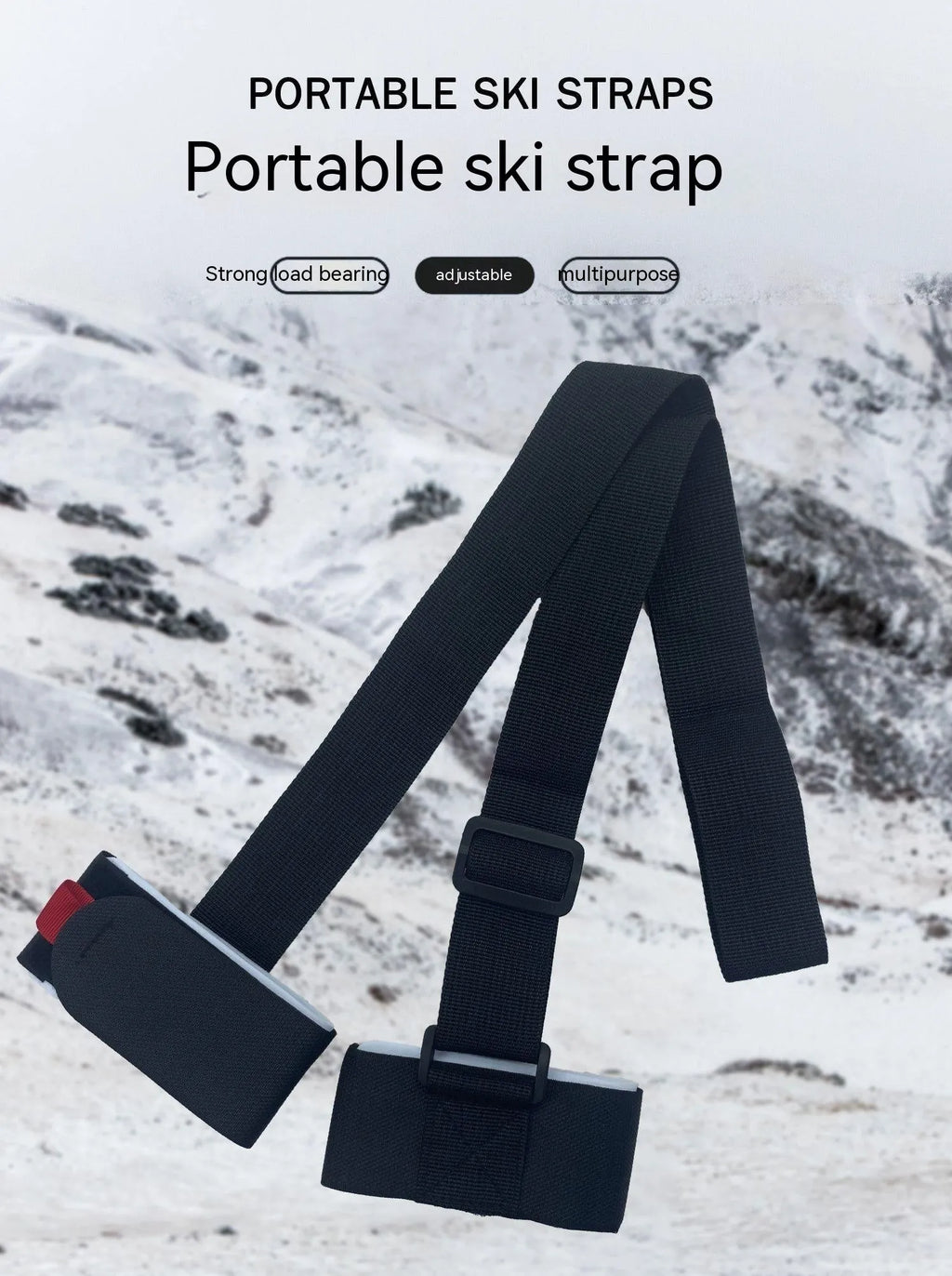 Adjustable hook and loop ski carrying strap in multiple colours for shoulder transport.