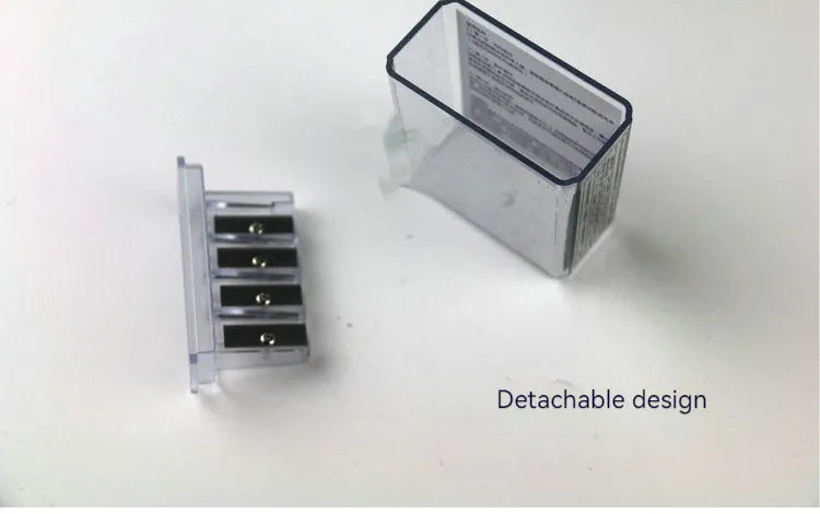 Geometric four-hole pencil sharpener with plastic construction and included screwdriver