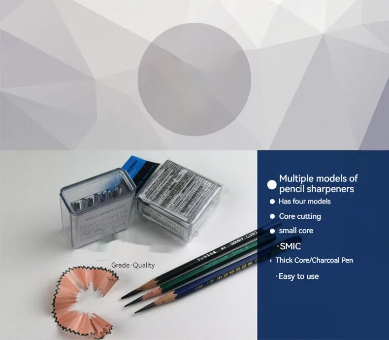 Geometric four-hole pencil sharpener with plastic construction and included screwdriver