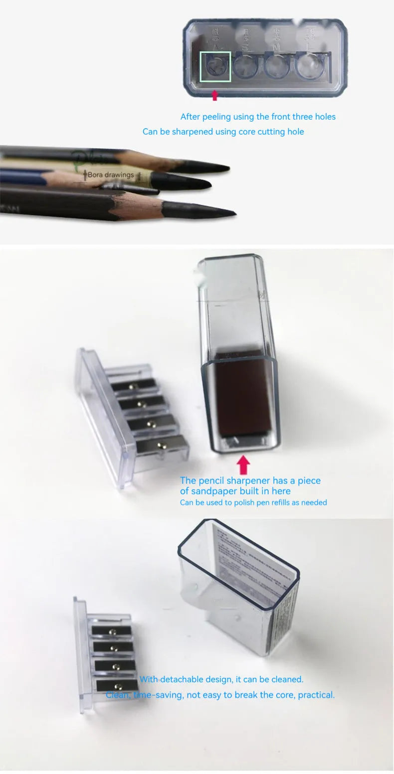 Geometric four-hole pencil sharpener with plastic construction and included screwdriver