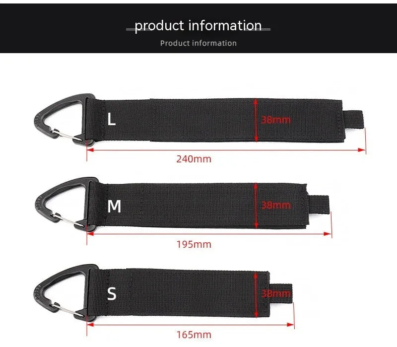Black heavy-duty carabiner storage strap showing the climbing carabiner hook and 38mm wide blended material.