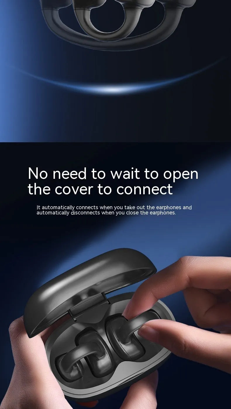 Black bone conduction true wireless Bluetooth headset with clip-on design and charging case