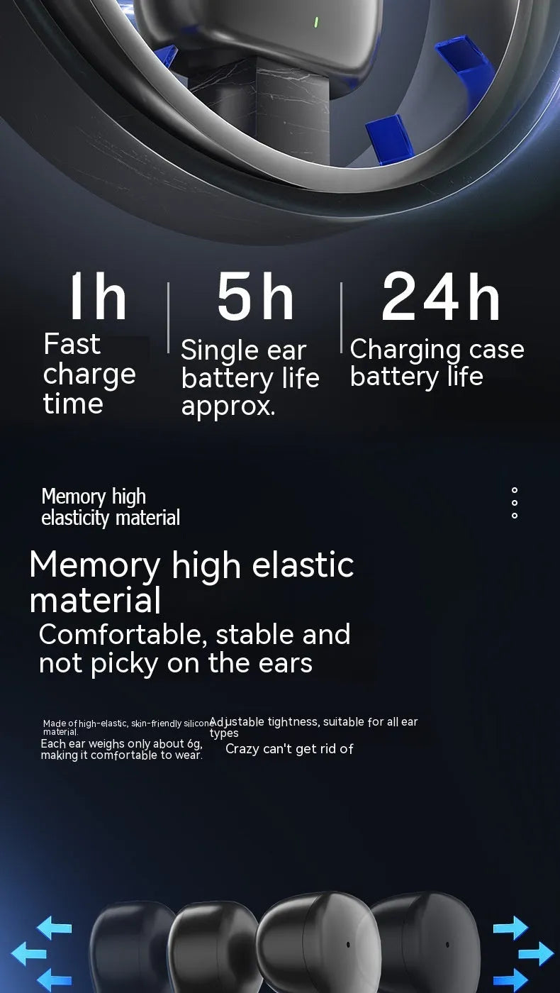 Black bone conduction true wireless Bluetooth headset with clip-on design and charging case