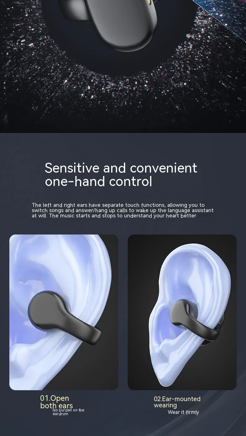 Black bone conduction true wireless Bluetooth headset with clip-on design and charging case