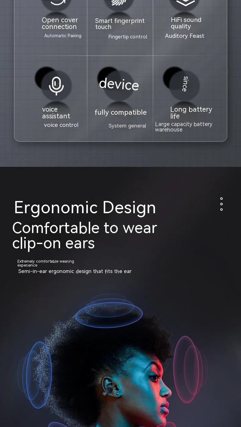 Black bone conduction true wireless Bluetooth headset with clip-on design and charging case