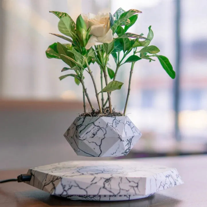 Small marble-colour levitating plant pot floating above its magnetic base on a desk.