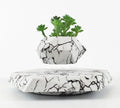 Small marble-colour levitating plant pot floating above its magnetic base on a desk.