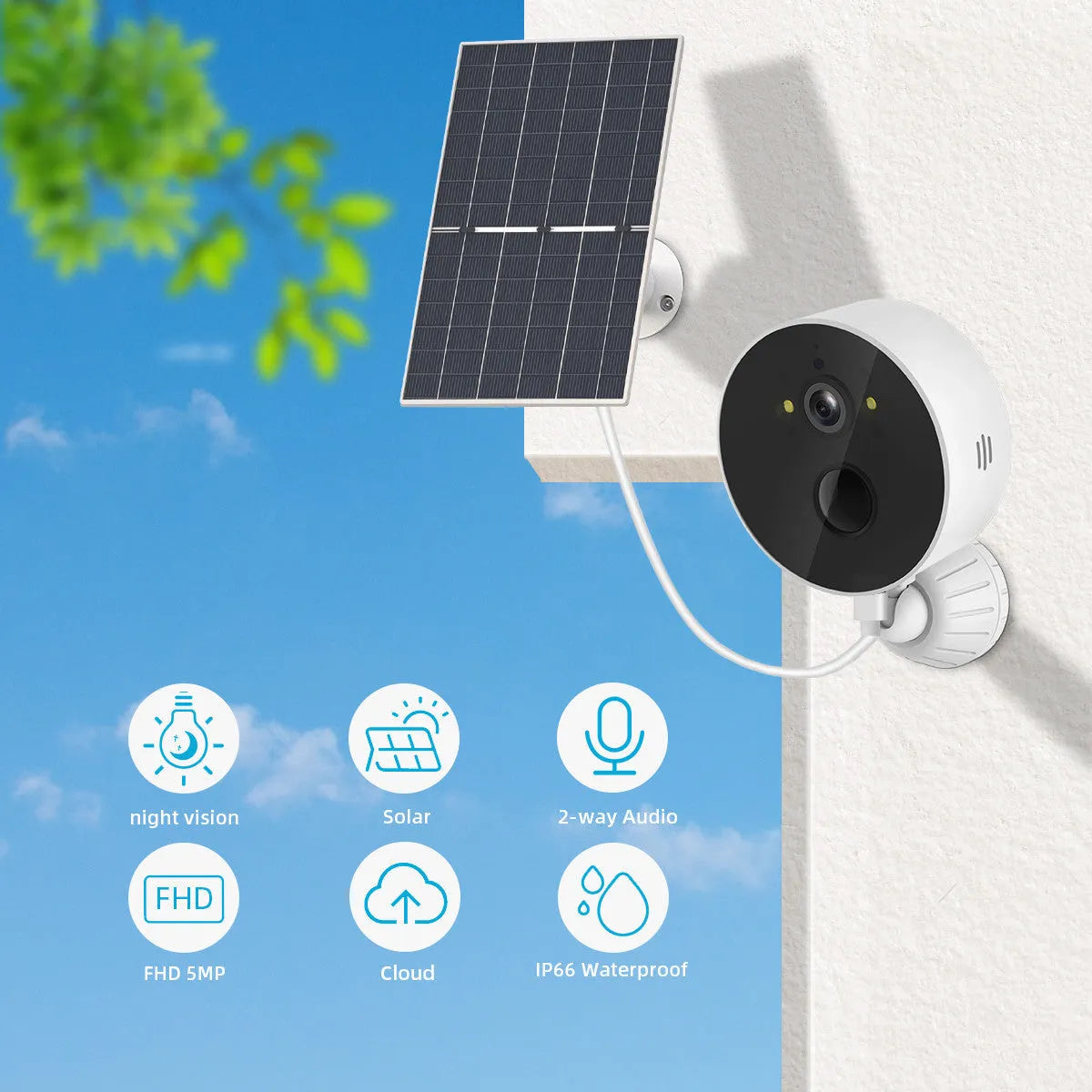 Outdoor solar security camera with solar panel for garden surveillance