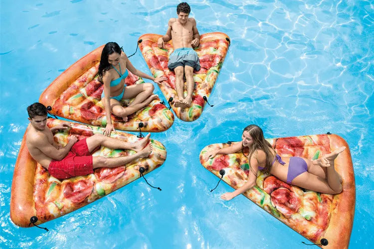 Inflatable pizza surfboard float with colourful design, dimensions 175cm by 145cm