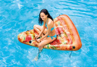 Inflatable pizza surfboard float with colourful design, dimensions 175cm by 145cm
