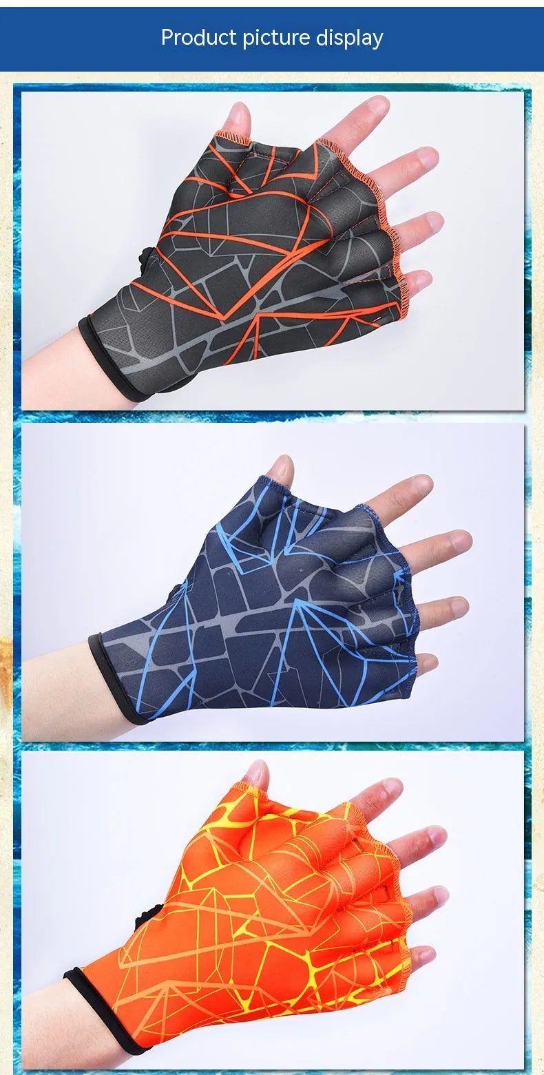 Nylon duck feet webbed swimming gloves in multiple colours and sizes for enhanced swimming propulsion