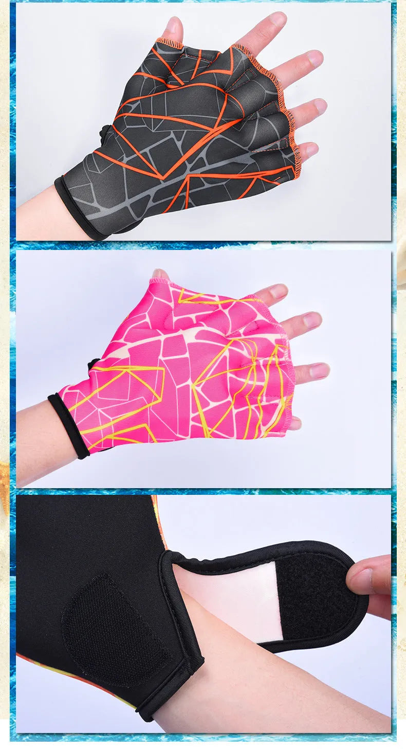 Nylon duck feet webbed swimming gloves in multiple colours and sizes for enhanced swimming propulsion