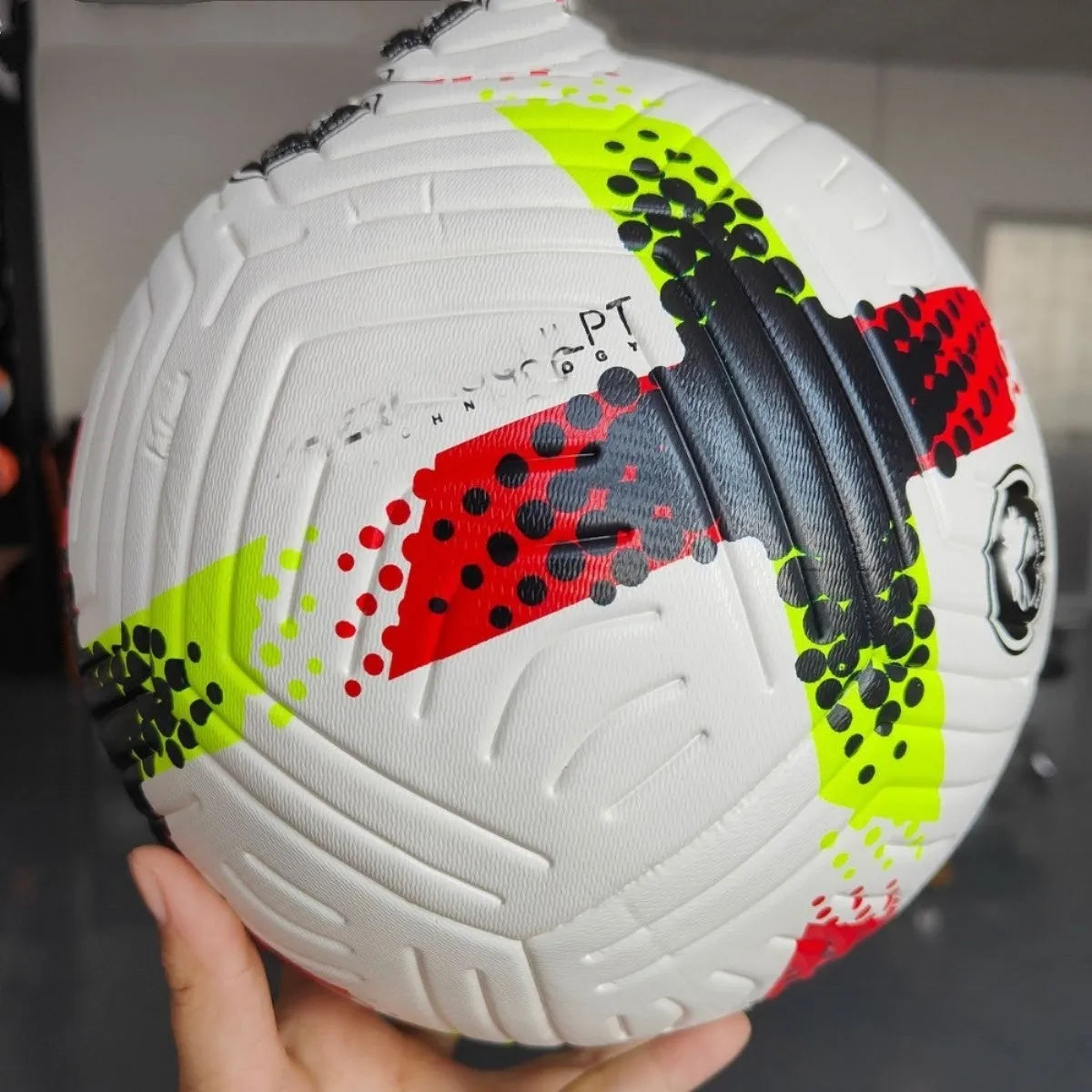Fluorescent green size 5 PU football with seamless thermal adhesive patch construction for club and league training