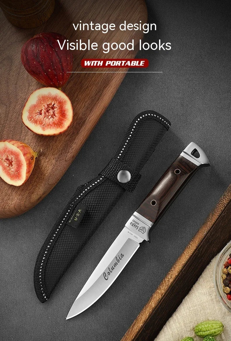 Camping portable fruit knife with stainless steel blade and brown leather protective case