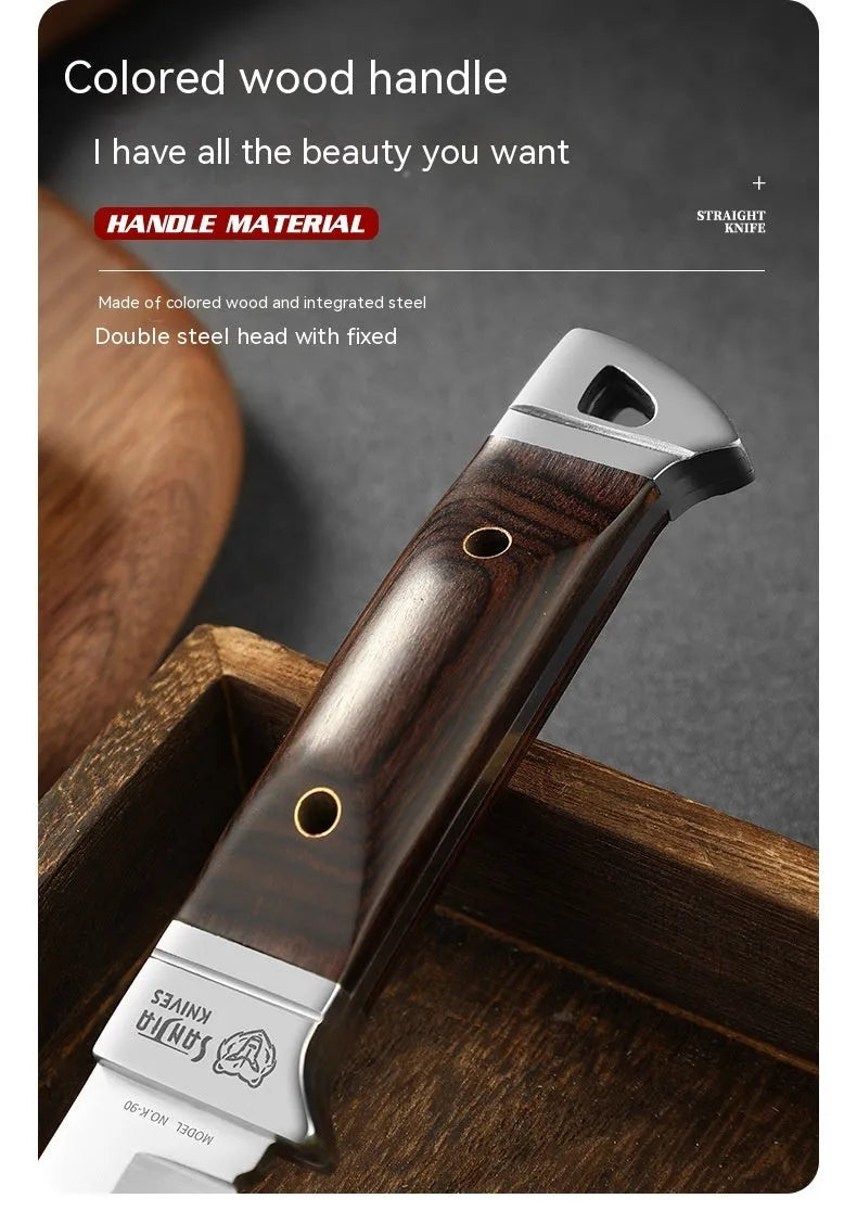 Camping portable fruit knife with stainless steel blade and brown leather protective case