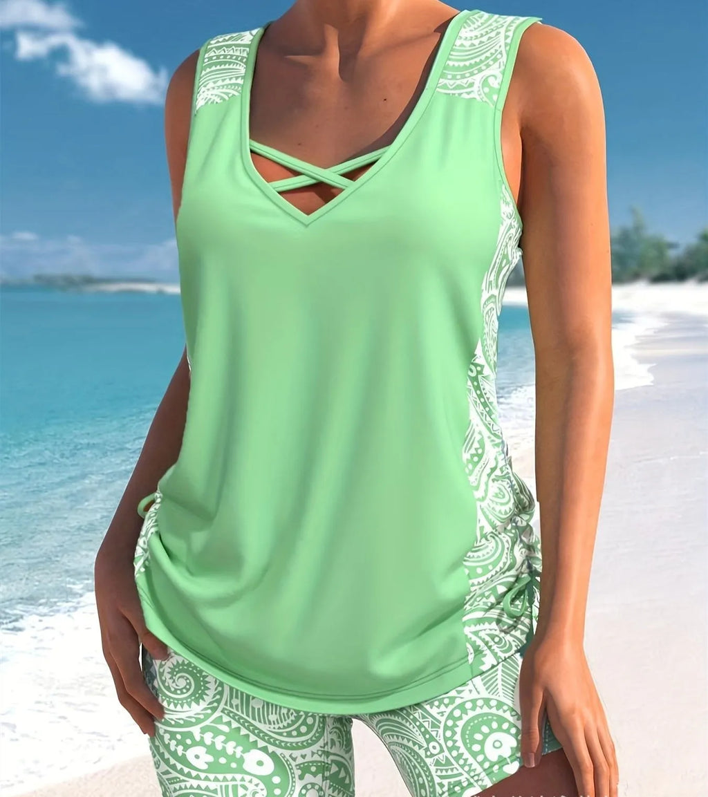 Women's printed split boxer swimsuit in polyester with acrylic lining