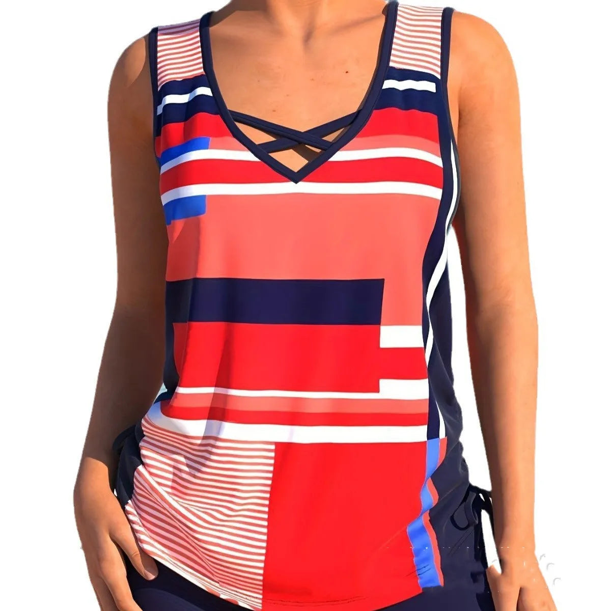 Women's printed split boxer swimsuit in polyester with acrylic lining