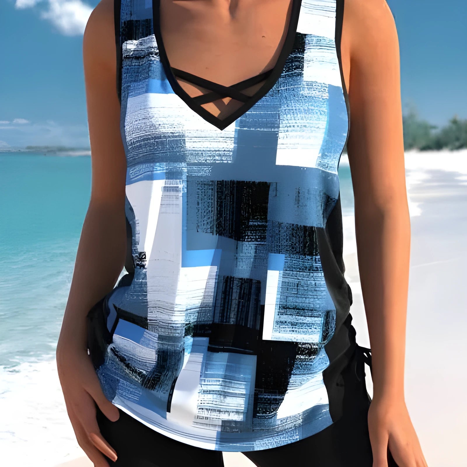 Women's printed split boxer swimsuit in polyester with acrylic lining