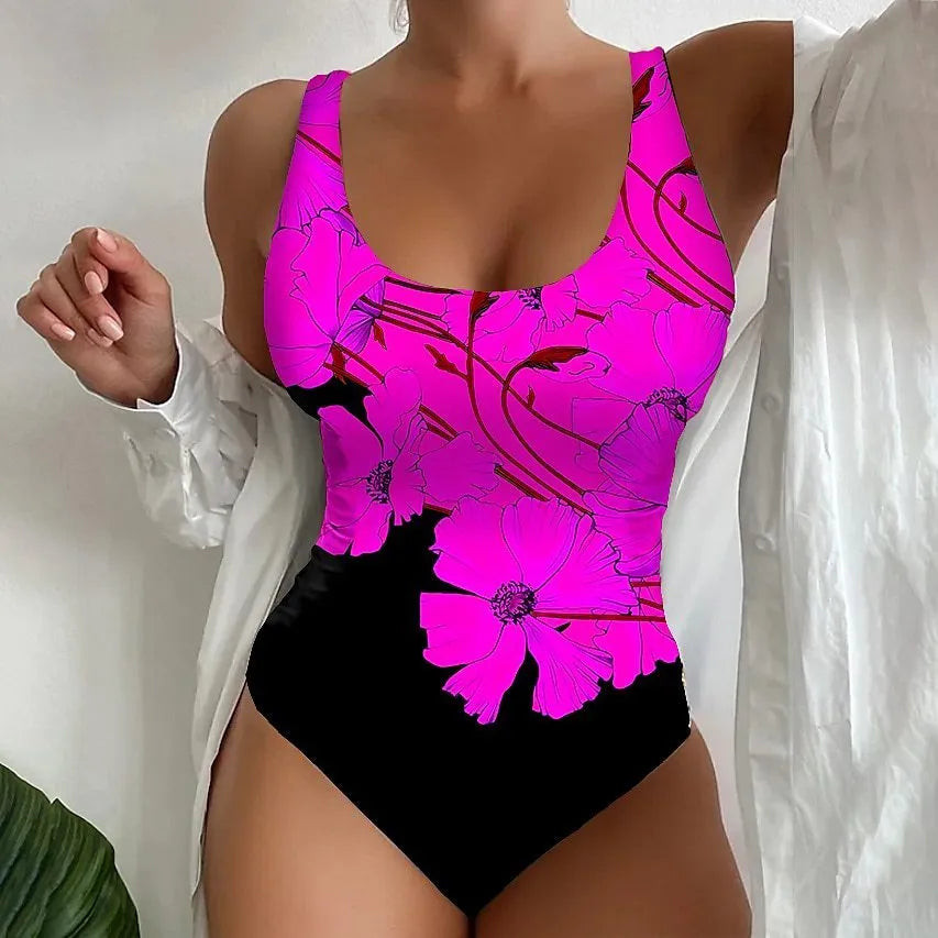 Women's one-piece swimsuit with 3D printed pattern in orange red, shown front view.