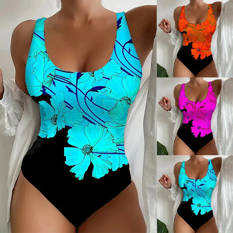 Women's one-piece swimsuit with 3D printed pattern in orange red, shown front view.