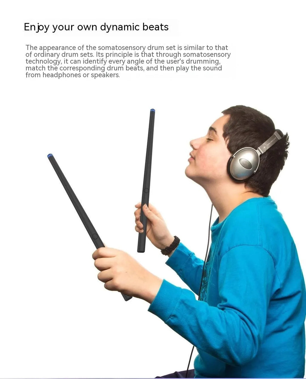 Black somatosensory air drum kit with wireless drumsticks and LED lighting on a dark surface