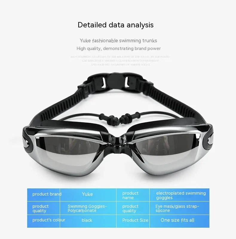 Men's black five-piece swimming set showing trunks, goggles, cap, ear plug nose clip and swimming bag