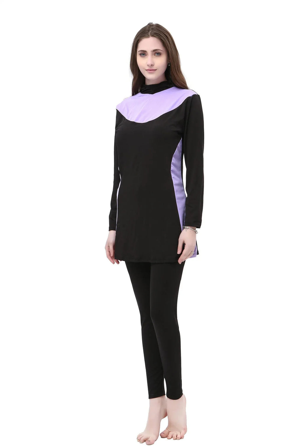 Women's conservative long sleeve hooded one-piece swimsuit in black with coloured accents.