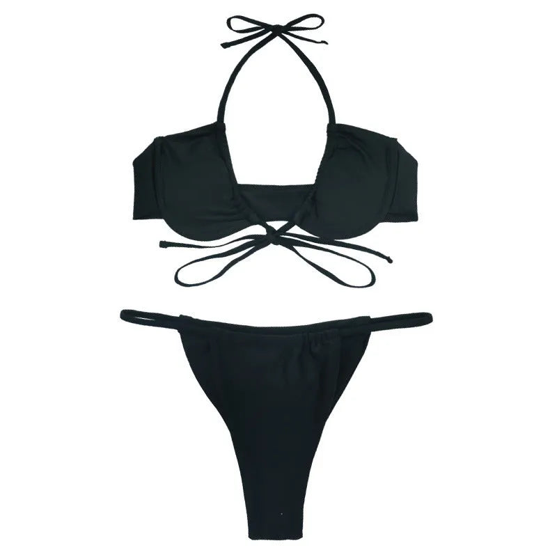 Women's black and mint green nylon bikini swimsuit with split design