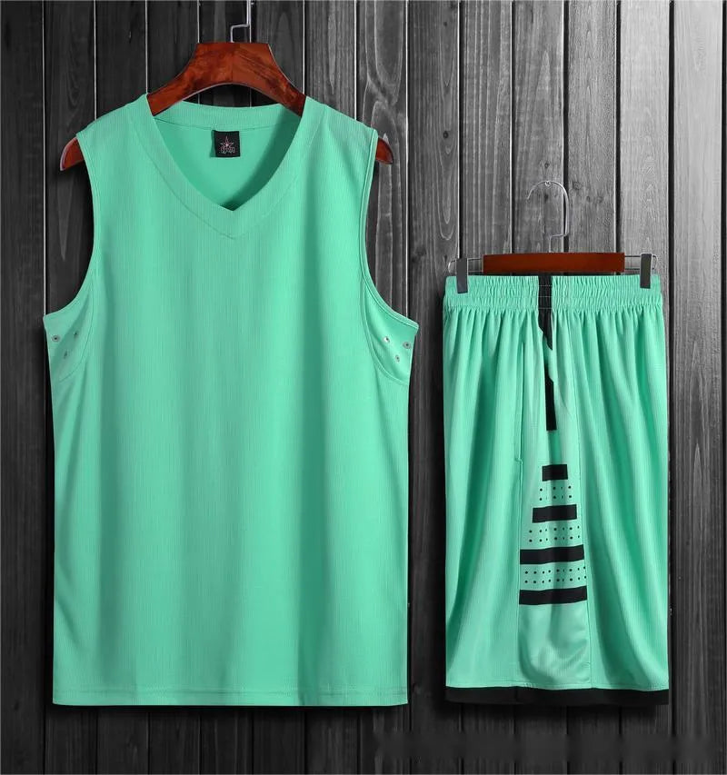 Black breathable sports vest and trousers set for basketball and fitness training on a neutral background.