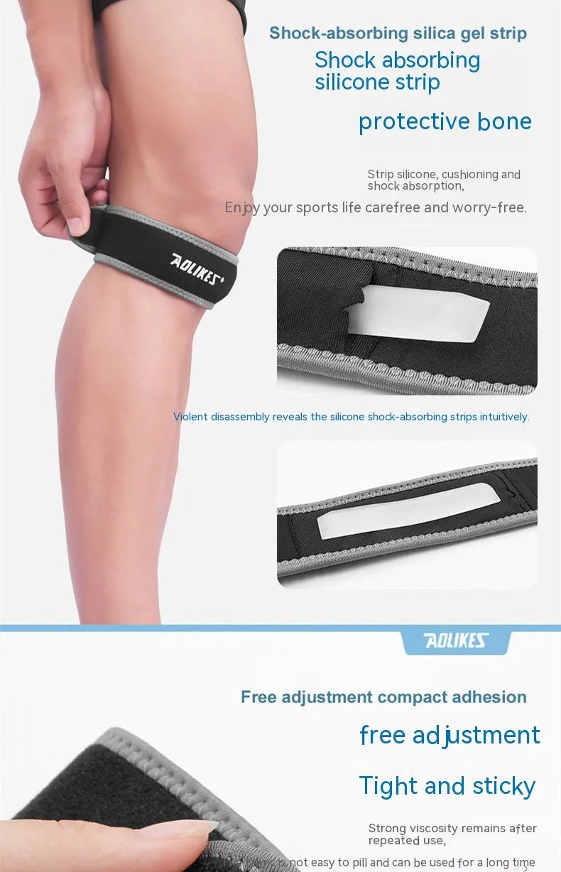 Black and grey adult patella retinaculum knee pad for sports protection.