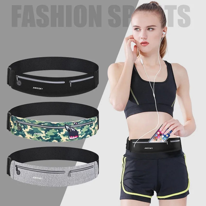8-inch waterproof waist bag in camouflage crocodile pattern, made from chinlon Lycra for outdoor sports.