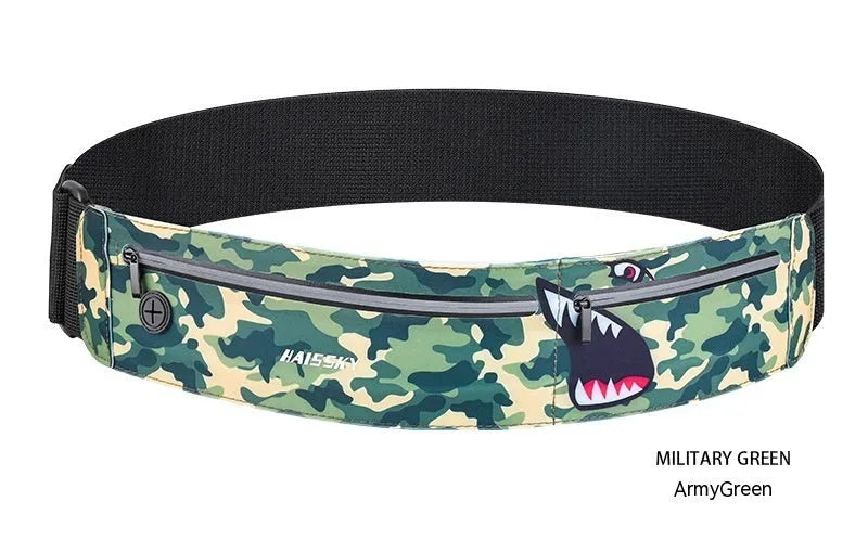 8-inch waterproof waist bag in camouflage crocodile pattern, made from chinlon Lycra for outdoor sports.