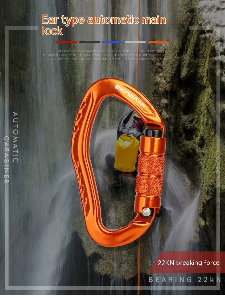 Automatic locking climbing carabiner in silver finish with hook gate