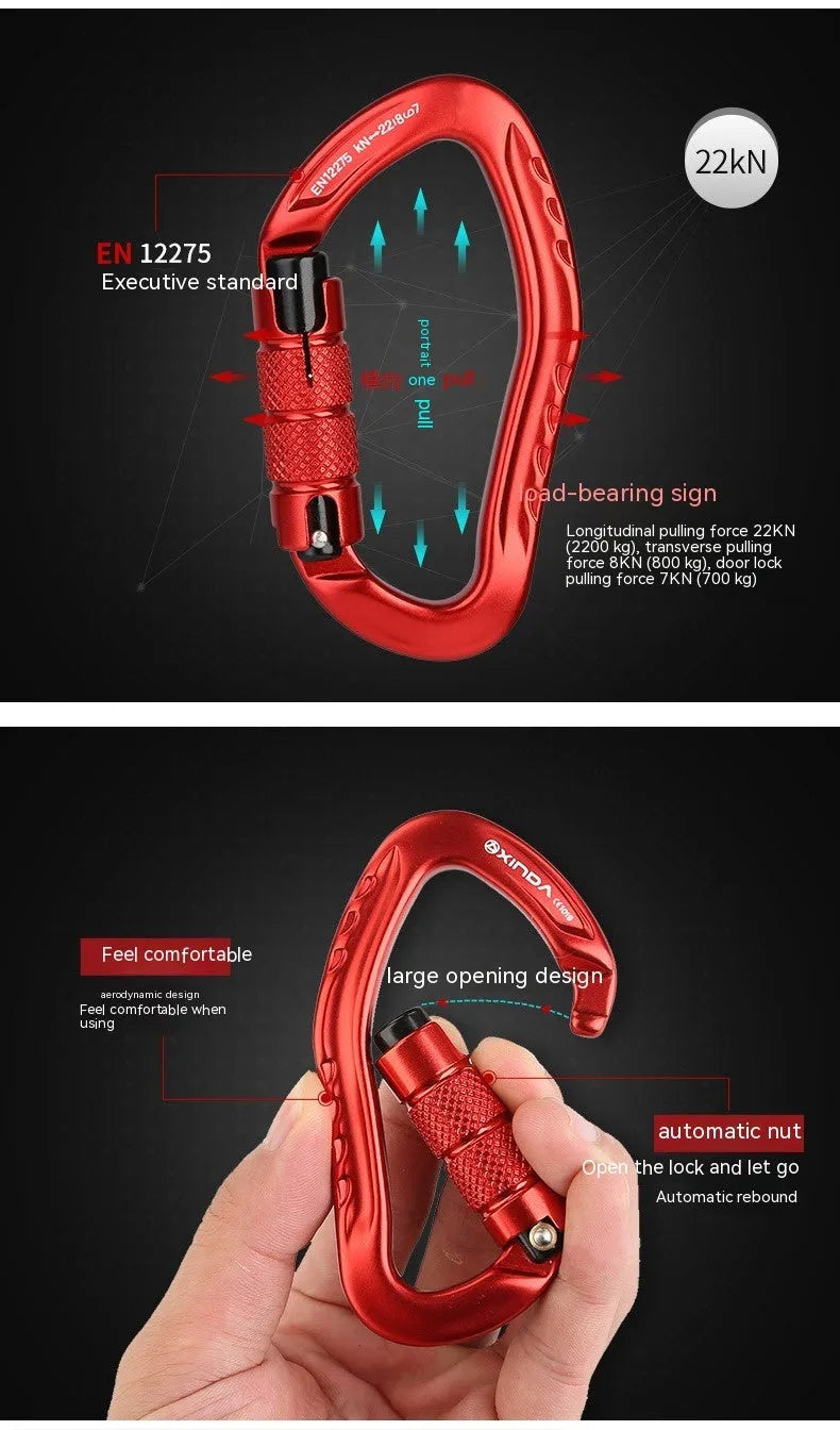 Automatic locking climbing carabiner in silver finish with hook gate
