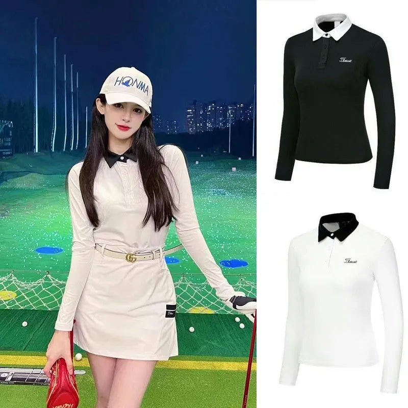 Women's white long sleeve slim fit polyester golf top for outdoor sports
