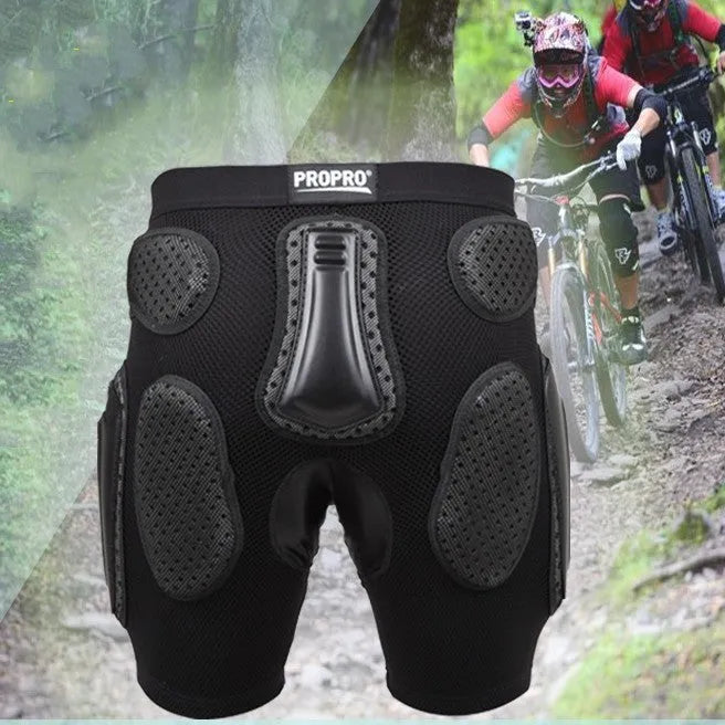 Black cycling hip protection pants with removable padding, shown in size L on an adult model.
