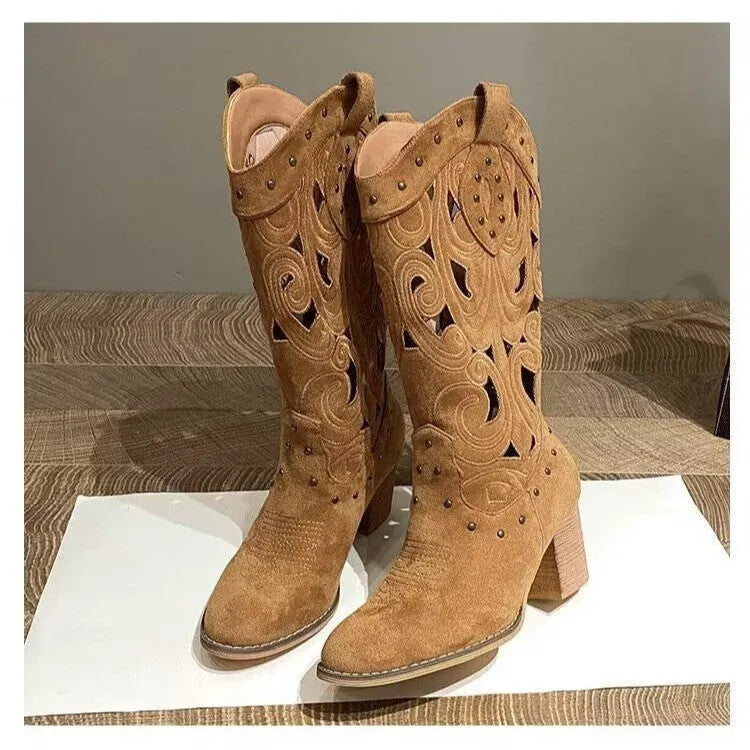 Western cowboy boot with chunky heel, V-cut embroidery, hollow-out design, artificial PU upper in khaki
